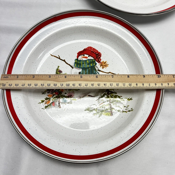 Hallmark VTG Mitford Snowman 10” Enamel Serving Plate Bowl (2) Christmas Holiday - Picture 5 of 6